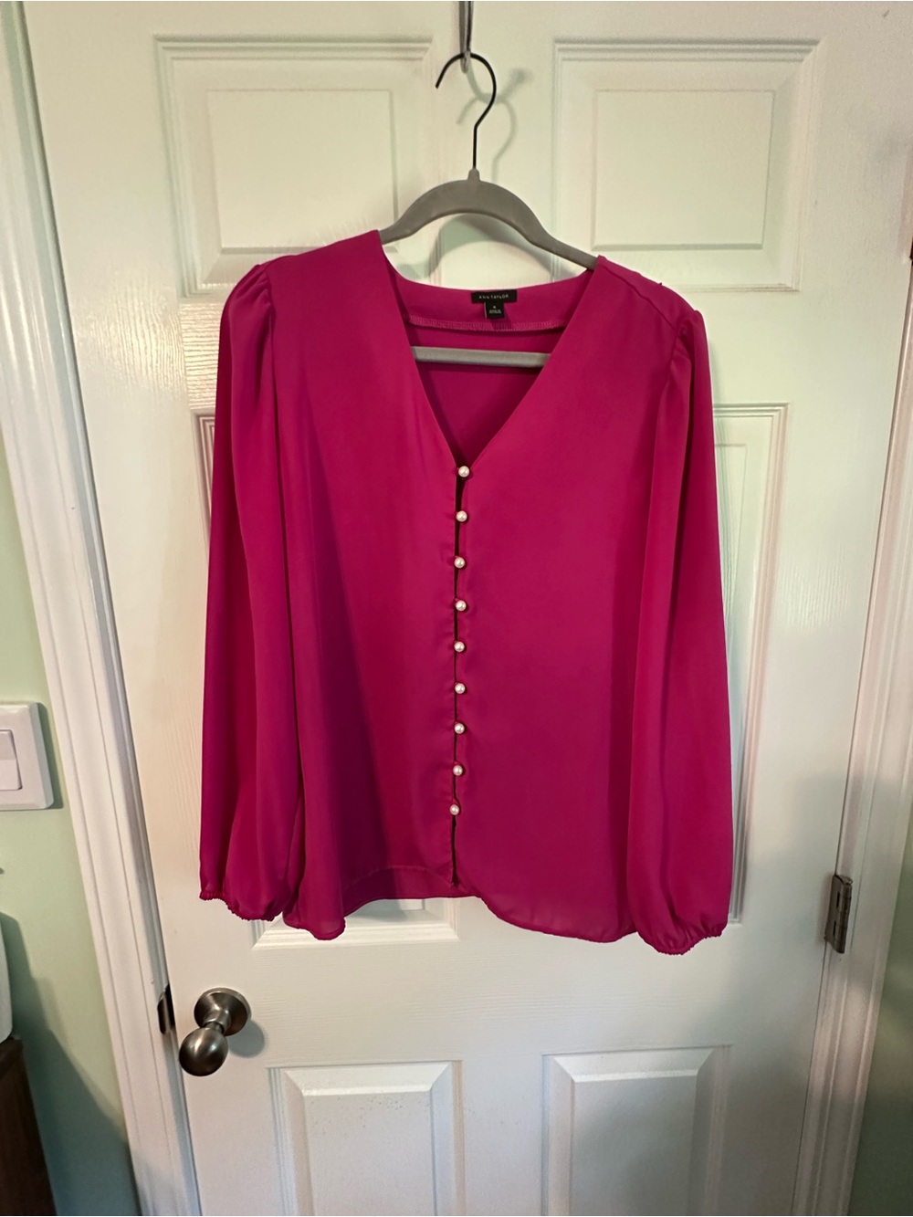 Ann Taylor Fuchsia Pearl-Button V-Neck Blouse